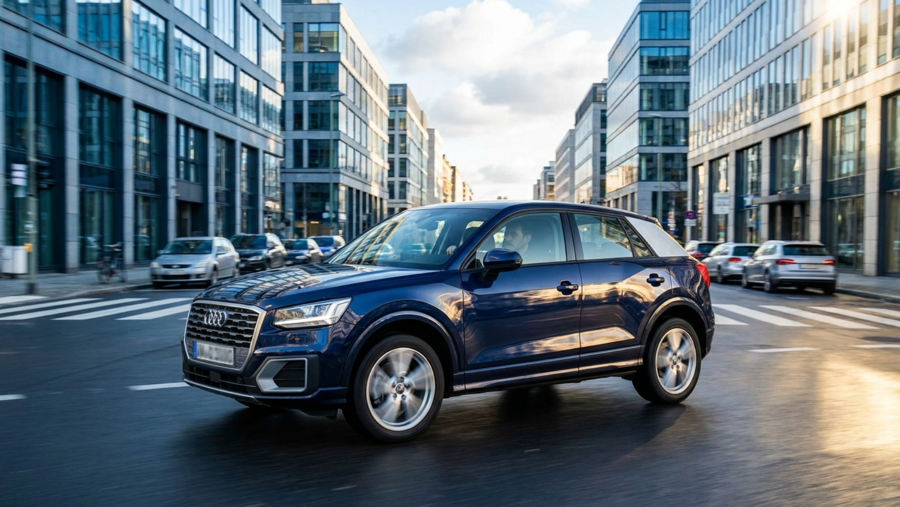 Audi Q2L на левом руле едет по дневной городской улице, компактный кроссовер в потоке