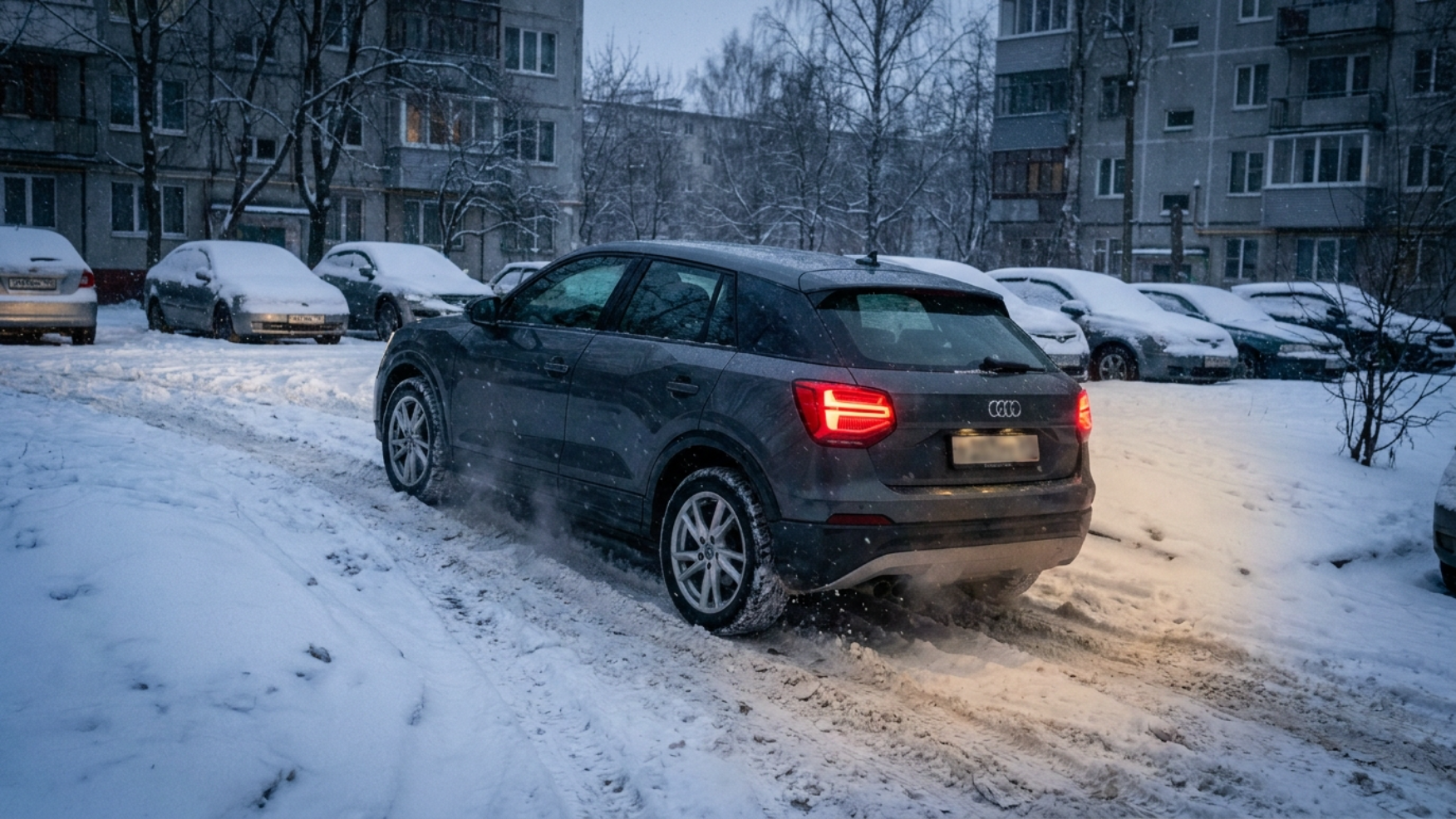 Audi Q2L выезжает из заснеженного двора, передний привод в снежной колее, зимний город