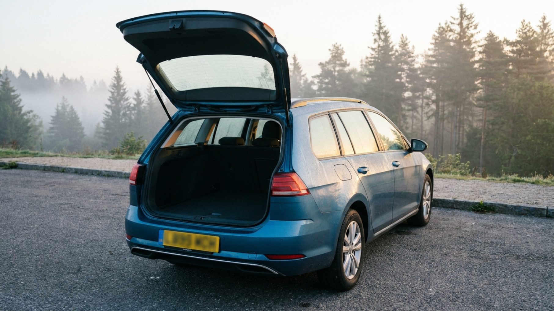 Volkswagen Golf Variant с открытым багажником на загородной площадке, утренний свет