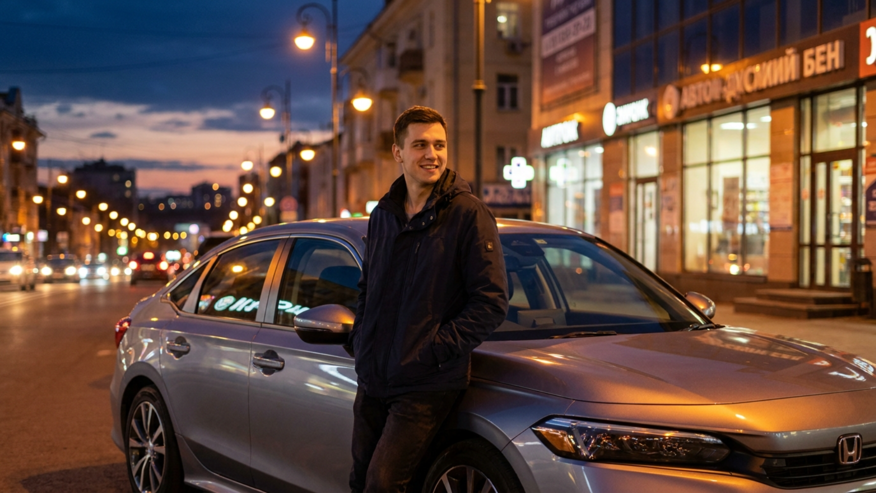 Молодой владелец рядом с Honda Civic на вечерней улице приморского города