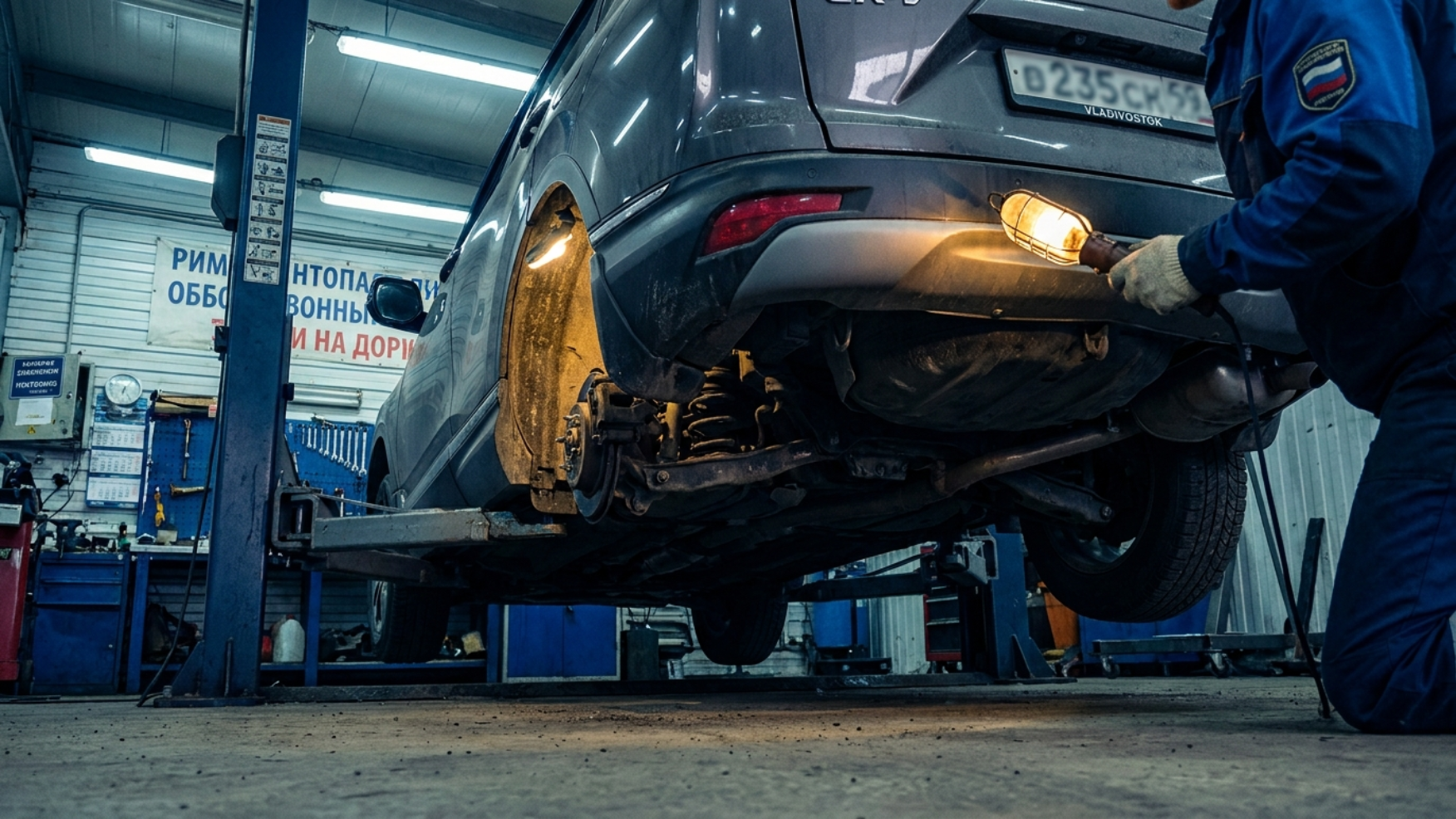 Осмотр Honda CR-V RW на подъёмнике во Владивостоке, механик проверяет арки и антикор