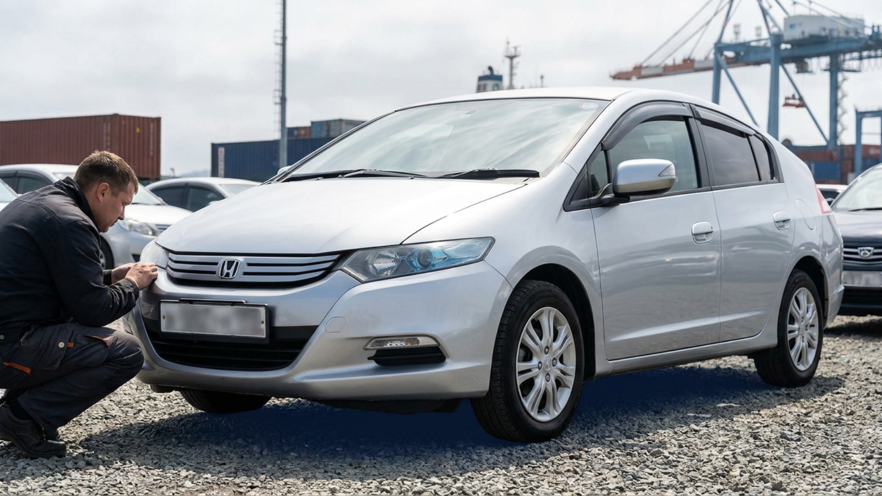 Свежепривезённый Honda Insight на стоянке во Владивостоке, осмотрщик проверяет передок