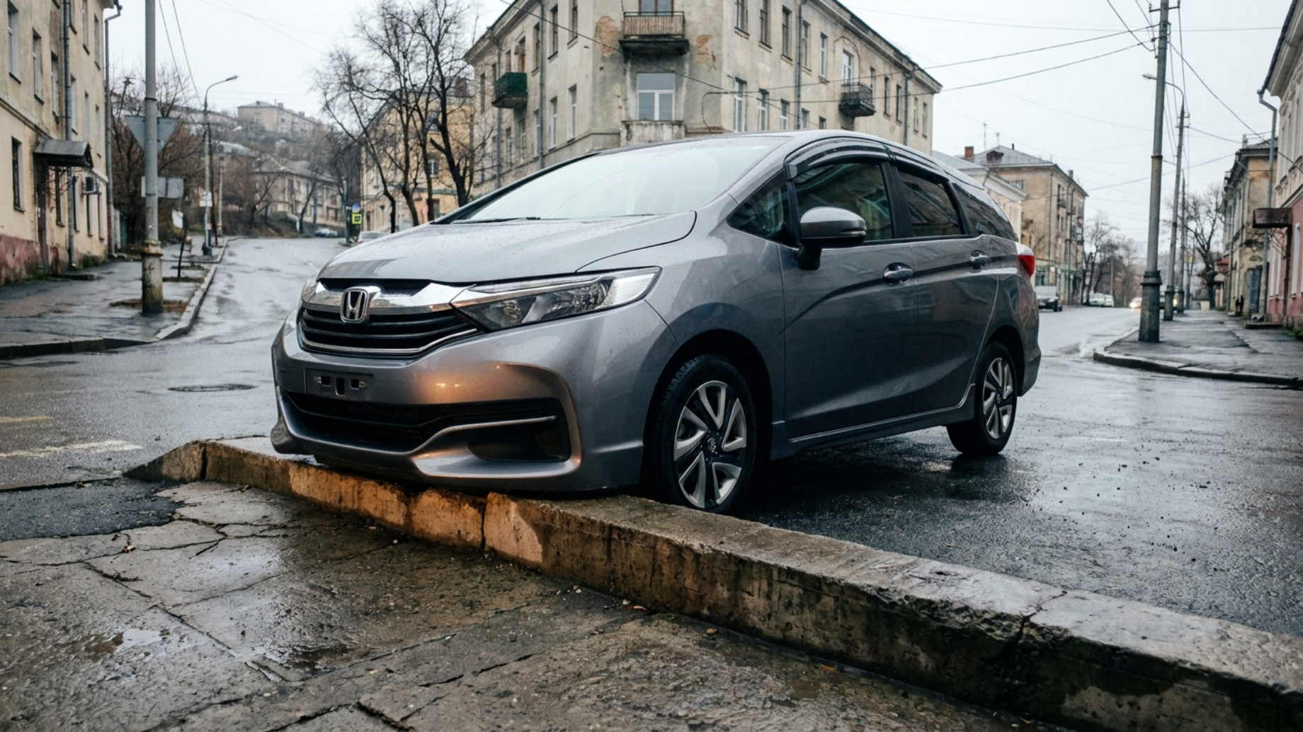 Honda Shuttle GP у высокого городского бордюра, виден низкий клиренс переднего бампера