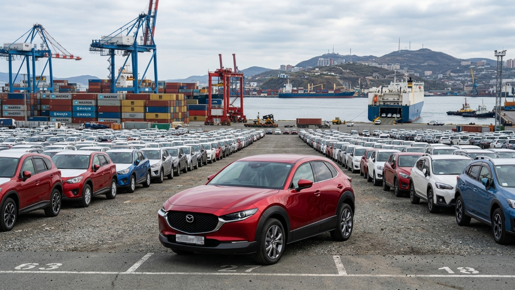 Свежепривезённая Mazda CX-30 на площадке у порта Владивостока среди других машин с аукциона