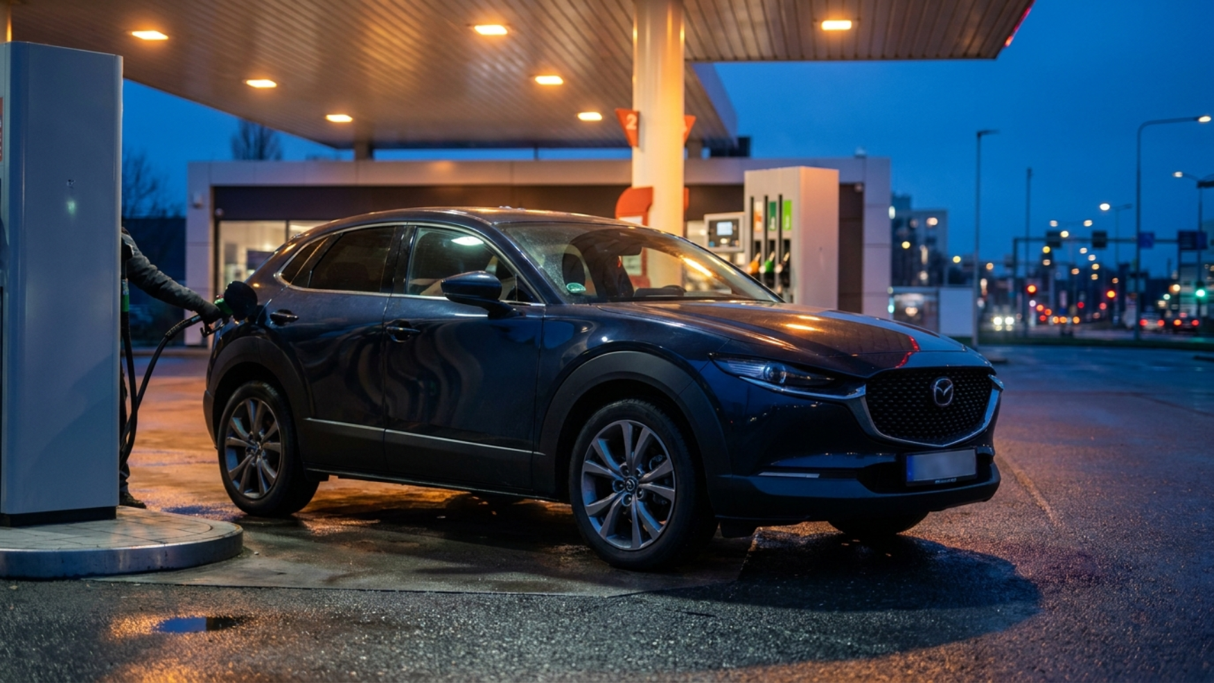 Mazda CX-30 у топливной колонки на городской заправке в вечернем свете