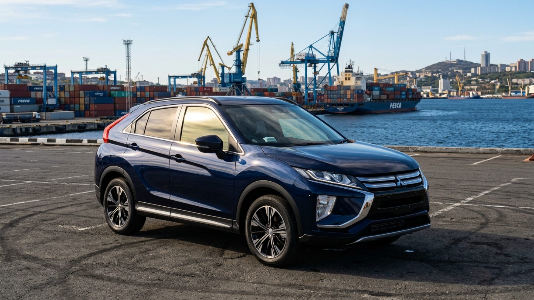 Свежепривезённый Mitsubishi Eclipse Cross на стоянке у порта Владивостока в яркий день