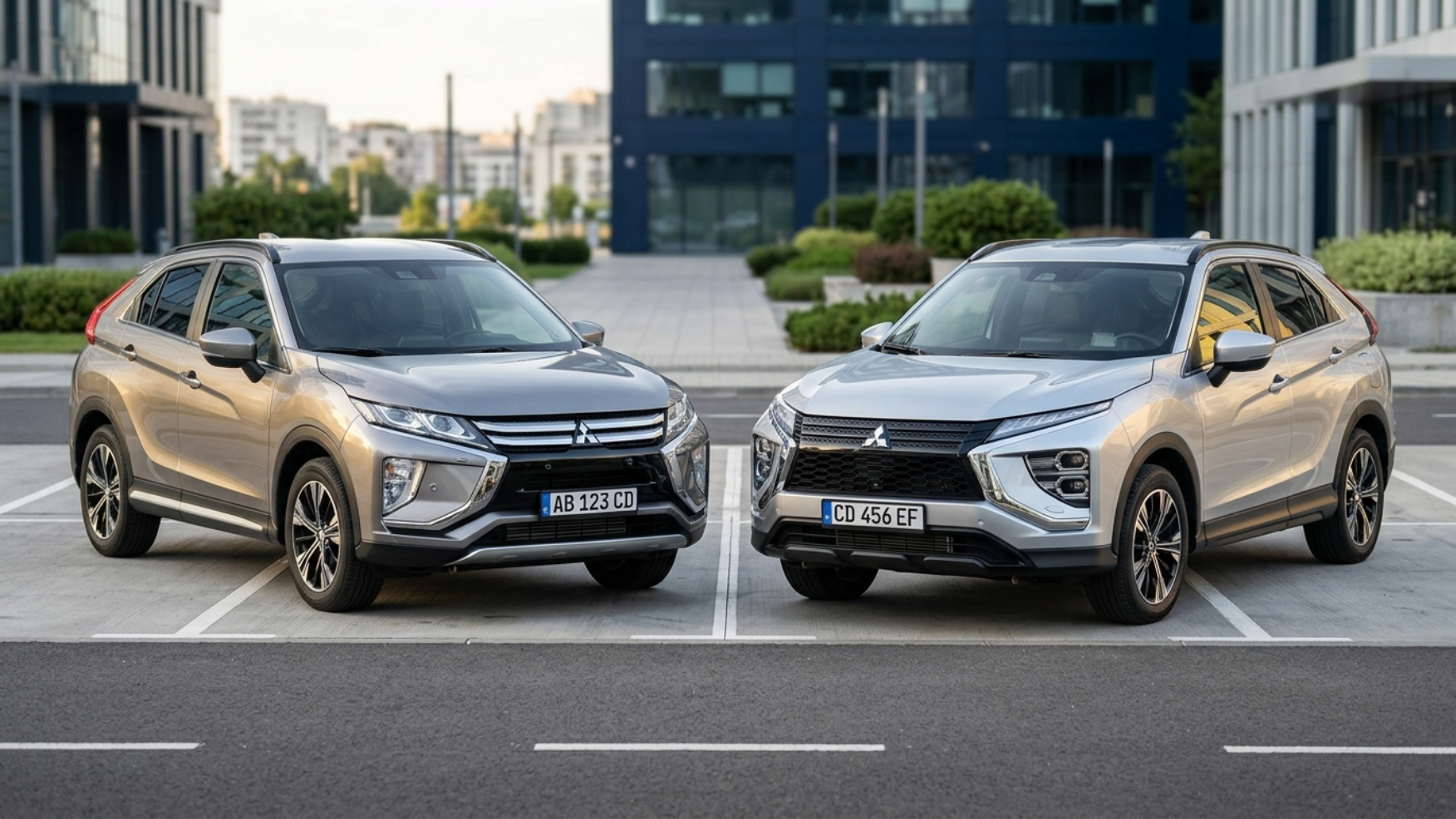 Дорестайлинговый Eclipse Cross 2018 года и рестайлинг 2022 рядом на городской парковке — разница в решётке радиатора и задней части