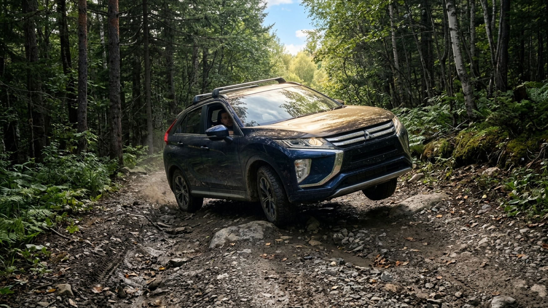 Mitsubishi Eclipse Cross на лесной гравийной дороге, режим полного привода Gravel в деле