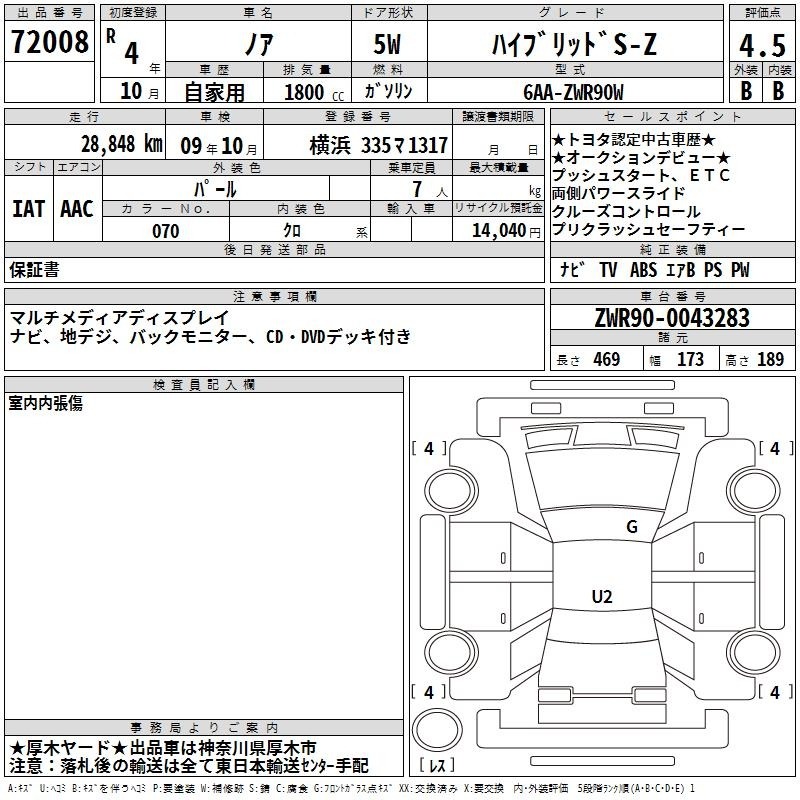 Аукционный лист Toyota Noah Hybrid S-Z 2022