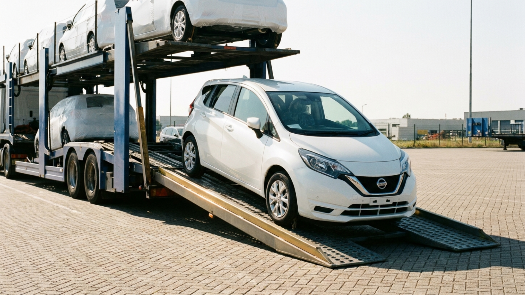 Nissan Note E12 съезжает с автовоза в городе назначения, дневной свет