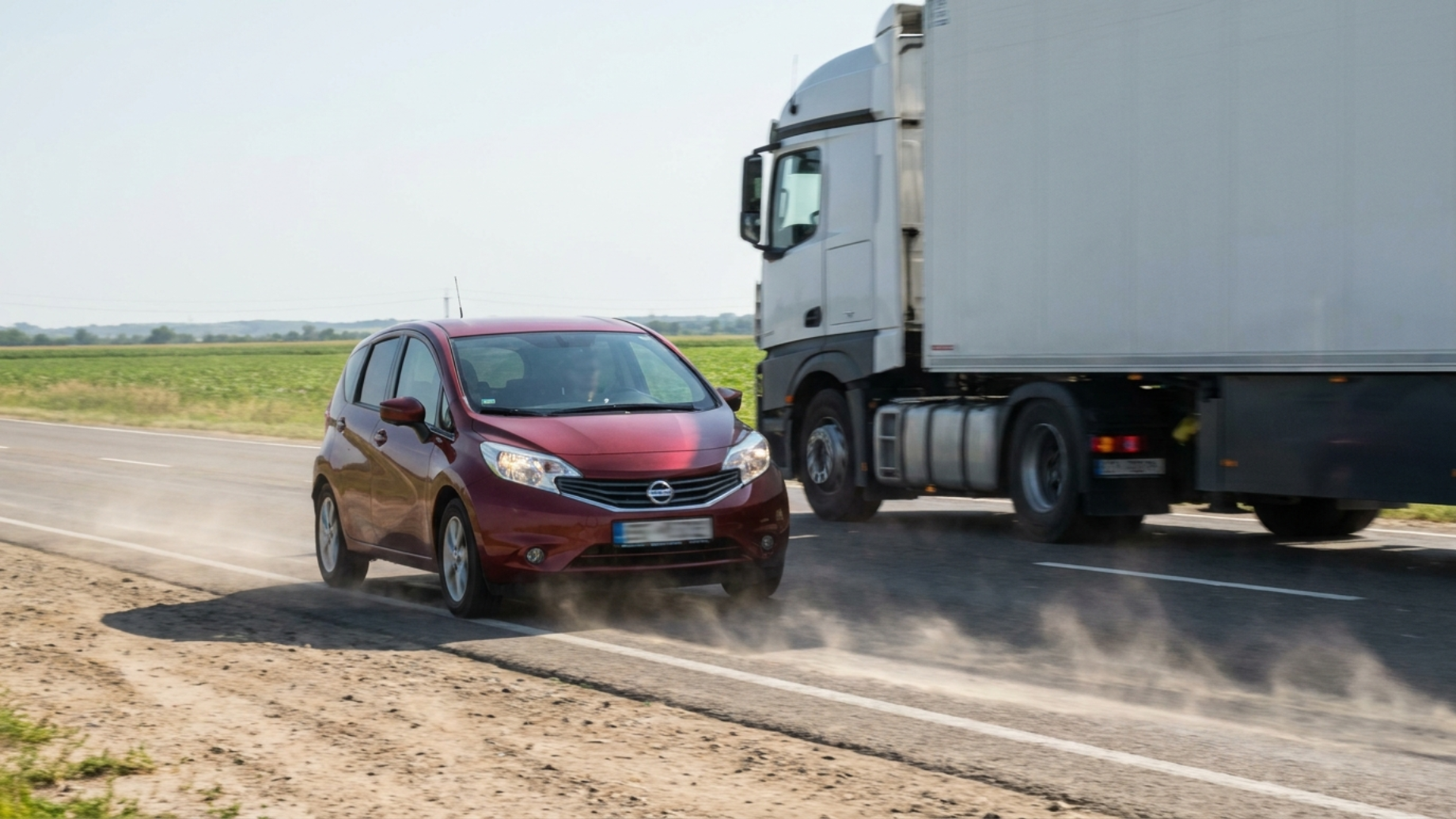 Nissan Note E12 обгоняет фуру на летней загородной трассе