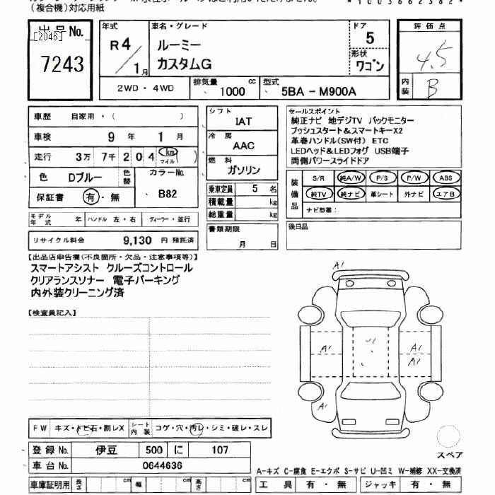 Аукционный лист Toyota Roomy Custom G 2022