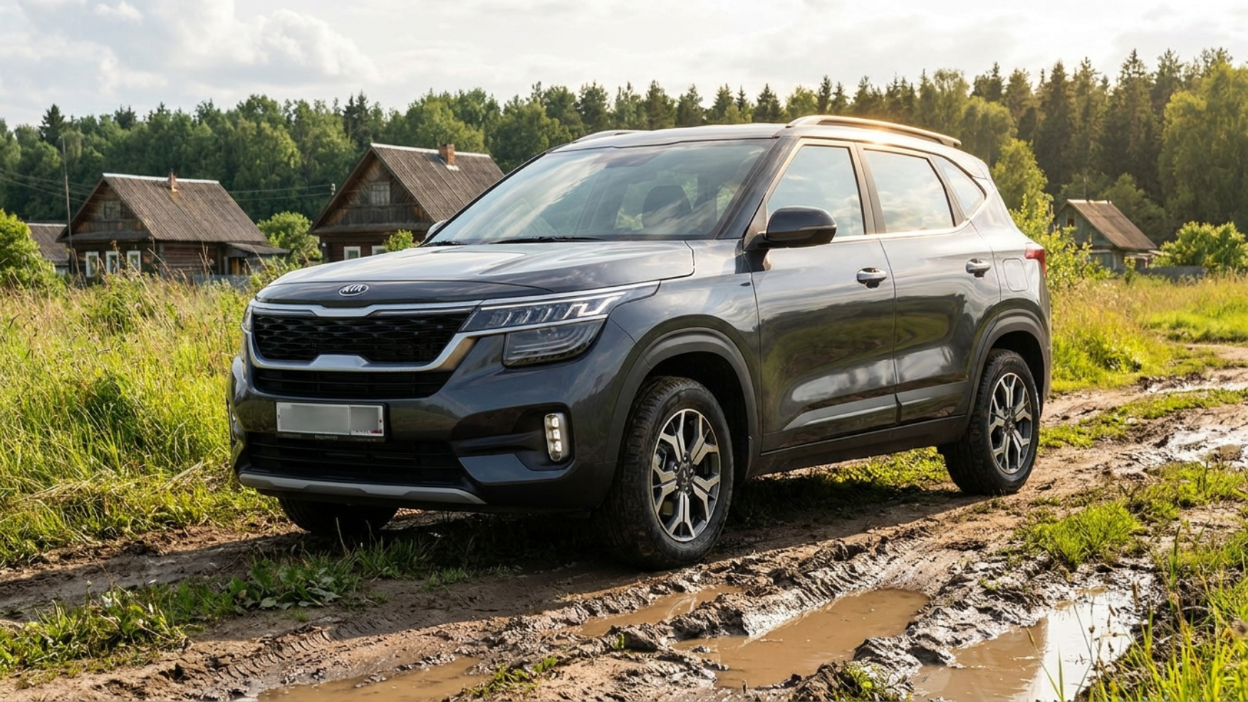 Kia Seltos на разбитой загородной грунтовке, высокий клиренс около 190 мм