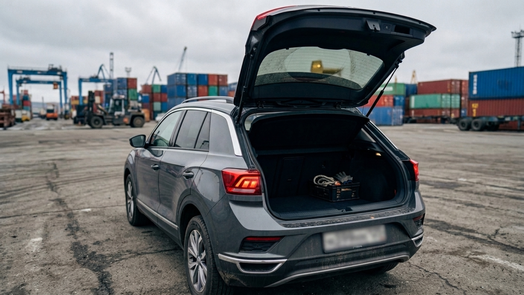 Открытый багажник Volkswagen T-Roc 2022 из Китая у порта Владивостока, высокая погрузочная кромка