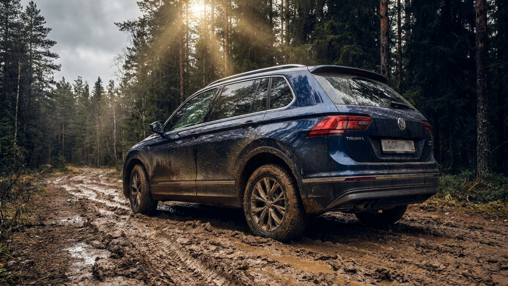 Volkswagen Tiguan с полным приводом на размытой грязью лесной дороге
