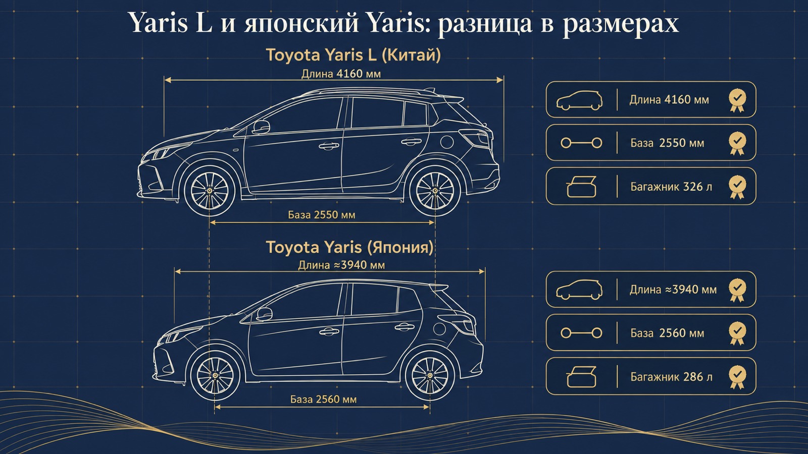 Схема: Toyota Yaris L и японский Yaris, разница в длине, базе и багажнике
